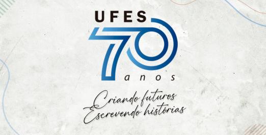 Logomarca comemorativa com o número 70 desenhado em linhas azuis e o slogan "Ufes 70 anos, criando futuros, escrevendo histórias"