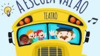 Cartaz do projeto A Escola vai ao Teatro. Mostra o desenho de um ônibus amarelo, com um motorista de bigode na direção e três crianças no interior. Acima do ônibus, figuras de uma lâmpada, máscaras que simbolizam o teatro, uma nota musical, uma máquina fotográfica e uma aquarela.
