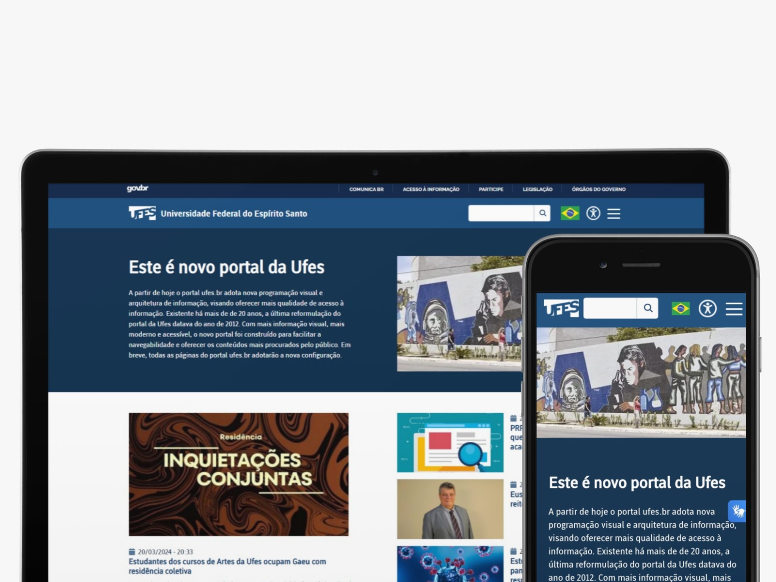 Nova imagem do portal sendo exibida em uma tela de computador e em um telefone celular.