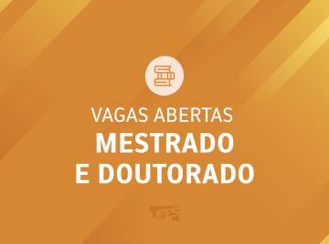 Quadrado laranja com letras brancas informando "Vagas abertas - mestrado e doutorado"