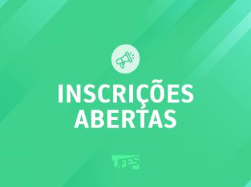 Quadrado verde com letras brancas informando "Inscrições abertas".