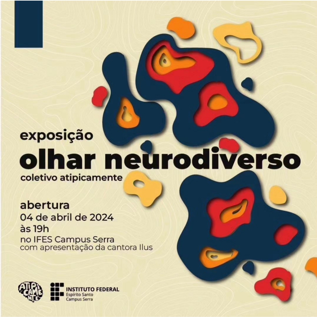 Cartaz da exposição em fundo amarelo claro, com imagens abstratas em azul, vermelho e amarelo.