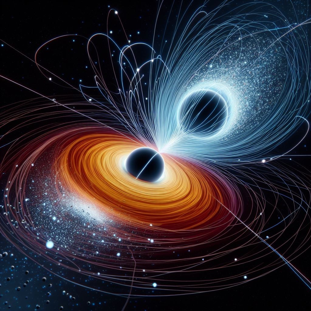 Imagem ilustrativa de raios cósmicos nas cores azul e laranja em um céu negro