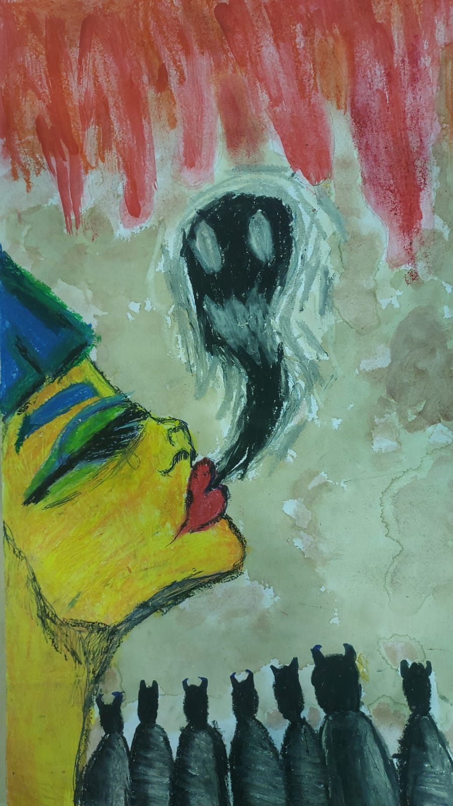 Pintura de Mey Haruno. Pintura de Mey Haruno mostra o perfil de uma pessoa. De sua boca sai como uma fumaça assustadora com olhos e boca. Abaixo, sete seres com chifres observam a cena