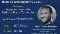 Cartaz de divulgação do evento, fundo azul escuro, texto com letras brancas à esquerda e foto do professor Daniel Friedrich dentro de um círculo à direita