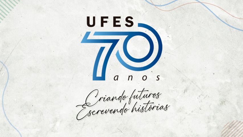 Logomarca comemorativa dos 70 anos da Ufes Logomarca comemorativa onde se lê Ufes 70 anos, com destaque para o número 70 em tons de azul, e o slogan criando futuros, escrevendo histórias