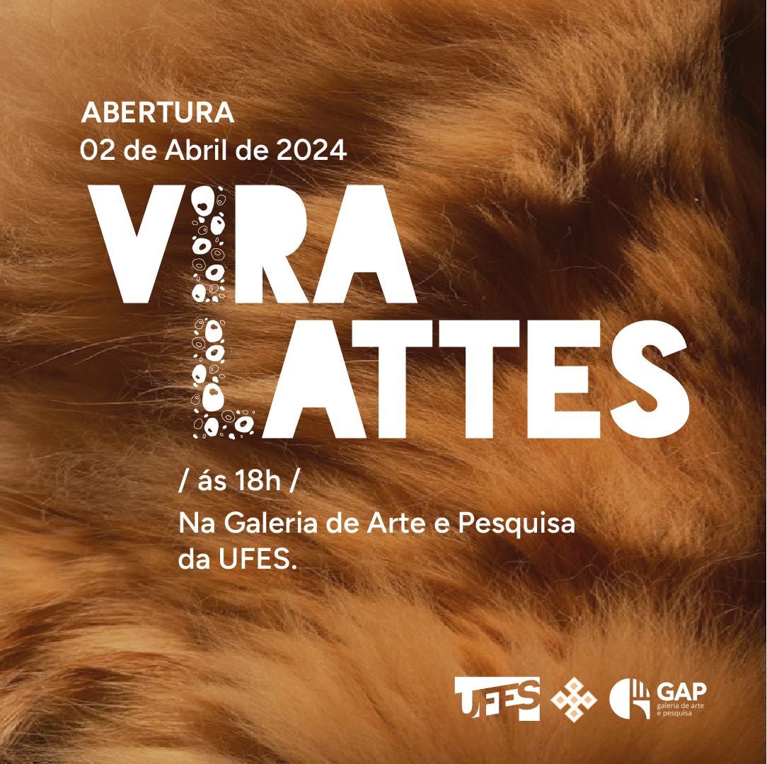 Cartaz de divulgação com dados da exposição escritos sobre a imagem de pelos de um cachorro na cor caramelo