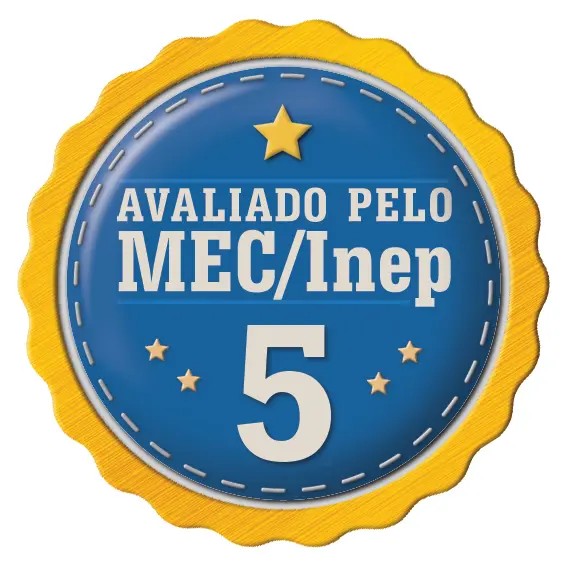 Avaliação do MEC/Inep, nota 5 Imagem de um selo redondo azul, com bordas amarelas, onde se lê "avaliado pelo Mec/Inep" e o número 5