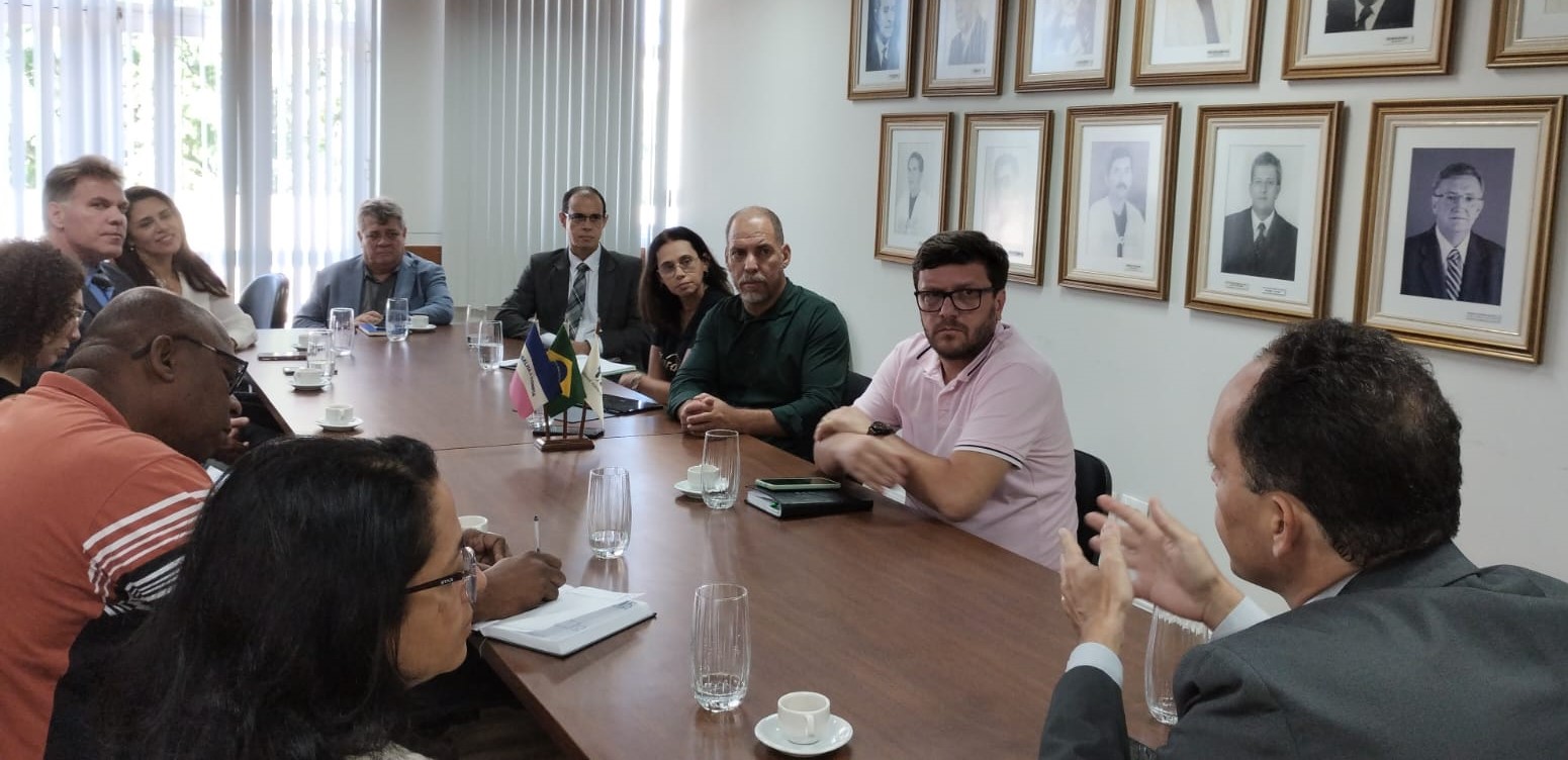 No encontro foi acordado que, em um primeiro momento, serão abordadas demandas ligada às áreas de arquivologia, biblioteconomia, direito e informática Foto dos participantes da reunião conversando em torno da mesa