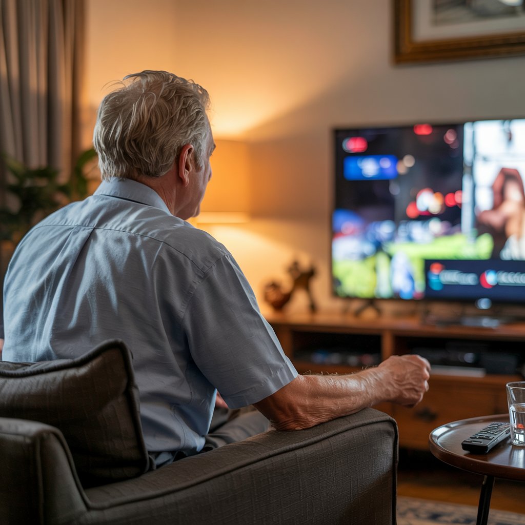 Imagem de idoso vendo tv sentado no sofá