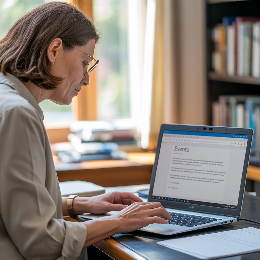 Imagem de uma professora universitária sentada à sua mesa, concentrada, digitando em um notebook. A tela do computador exibe a palavra "evento" 