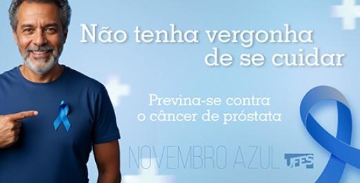 Cartaz alusivo à campanha Novembro Azul, com um homem apontando para um laço azul preso na camiseta