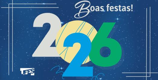 Cartaz com fundo azul, o número 2026 nas cores branca, amarela, azul e verde e a mensagem "Boas festas!"