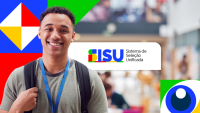 Imagem de um rapaz sorrindo, segurando uma mochila no ombro, e a logo do Sisu ao lado