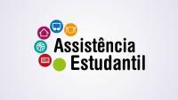 Banner com a inscrição Assistência Estudantil e ícones que representam moradia, transporte, alimentação, esporte e livro