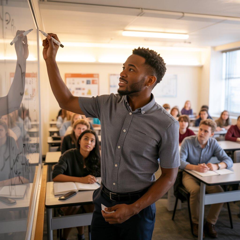 imagem de um professor negro dando aula de frente para uma turma