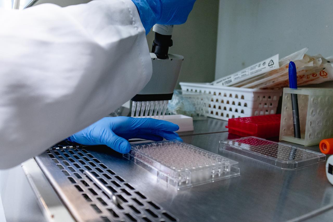 Foto das mãos de um pesquisador trabalhando em um laboratório