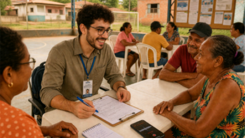 Imagem de um jovem pesquisador atendendo a uma senhora 