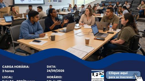 Imagem do cartaz de divulgação do curso, com pessoas participando de uma reunião, uma delas sentada em uma cadeira de rodas